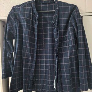 Navy Blue Plaid Collarless Button Up Shirt Lightweight Cotton Minimalist